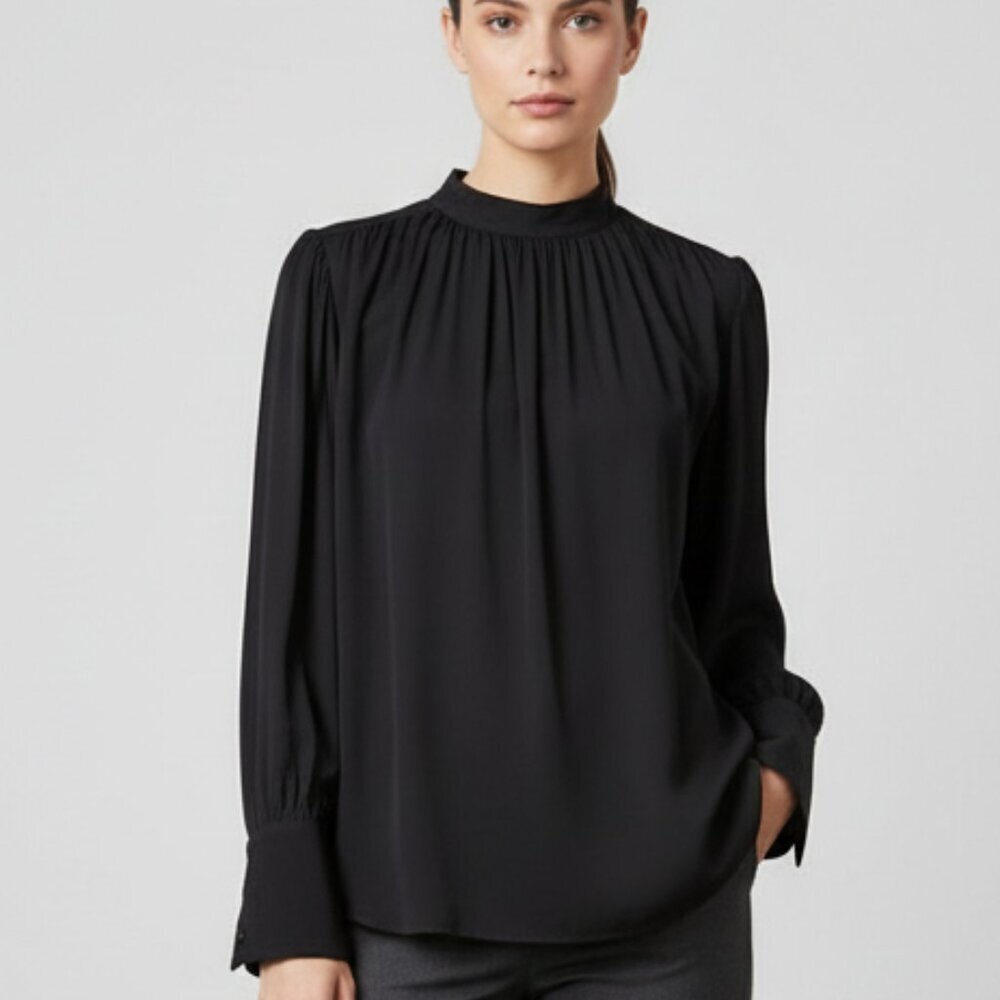 Habitual Charlee Mock Neck Blouse – Black – Pearl Button Detail – Size S – NWT